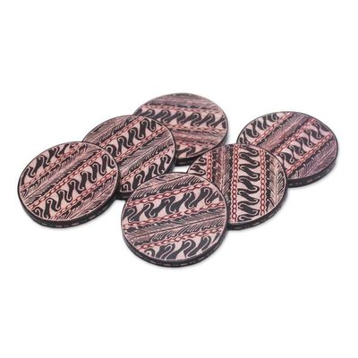 Alternate image for Black and Cream Wood Batik Coasters and Holder Set of 6 Parang