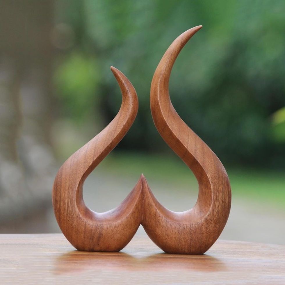 Hand-Carved Suar Wood Abstract Growing Heart Sculpture 'Growing Heart'