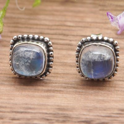 Alternate image for Polished Natural Rainbow Moonstone Stud Earrings from Bali Moon Emblem