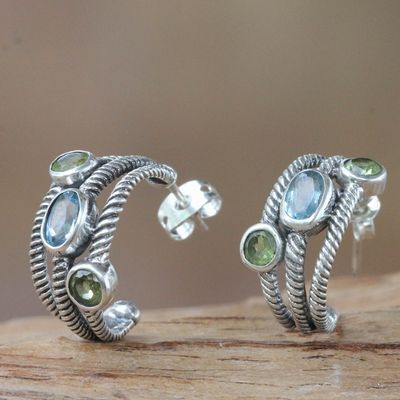 Alternate image for Blue Topaz and Peridot Sterling Silver Half-hoop Earrings Spring Melody
