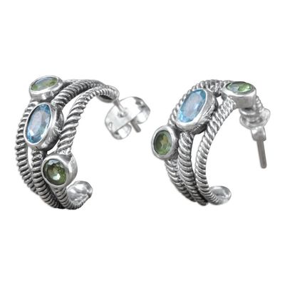 Alternate image for Blue Topaz and Peridot Sterling Silver Half-hoop Earrings Spring Melody