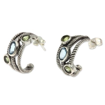 Alternate image for Blue Topaz and Peridot Sterling Silver Half-hoop Earrings Spring Melody
