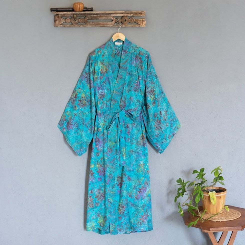 Turquoise Batik Long Sleeved Rayon Robe with Belt 'Ocean Eden'