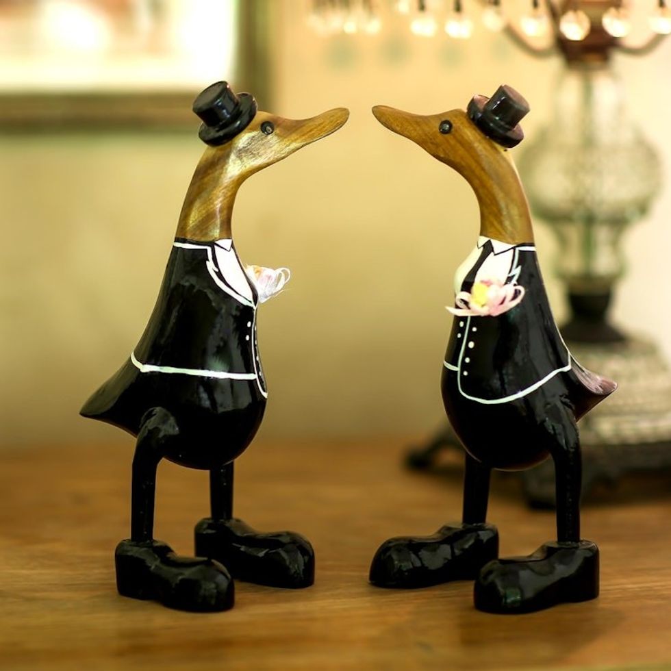 Bamboo Root and Wood Male Duck Wedding Sculptures Pair 'Gentlemen's Love'