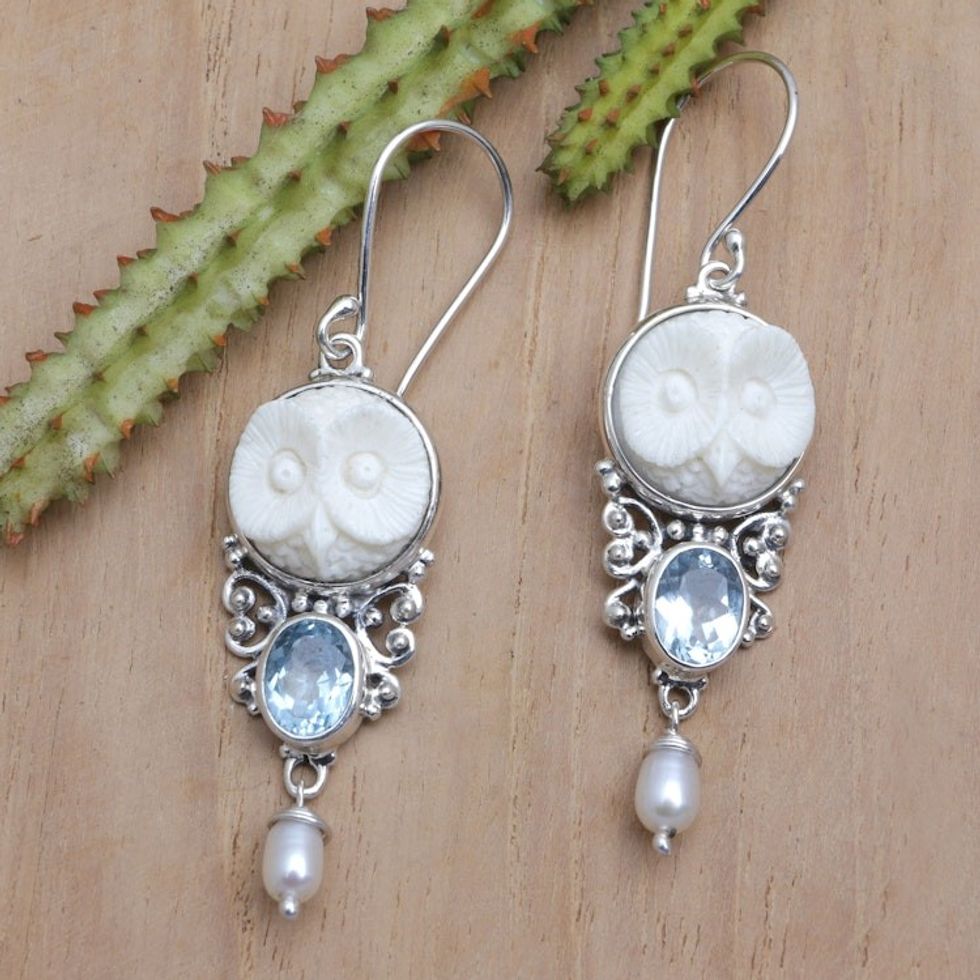 Owl Dangle Earrings with Pearls and 3-Carat Blue Topaz Gems 'Sage's Loyalty'