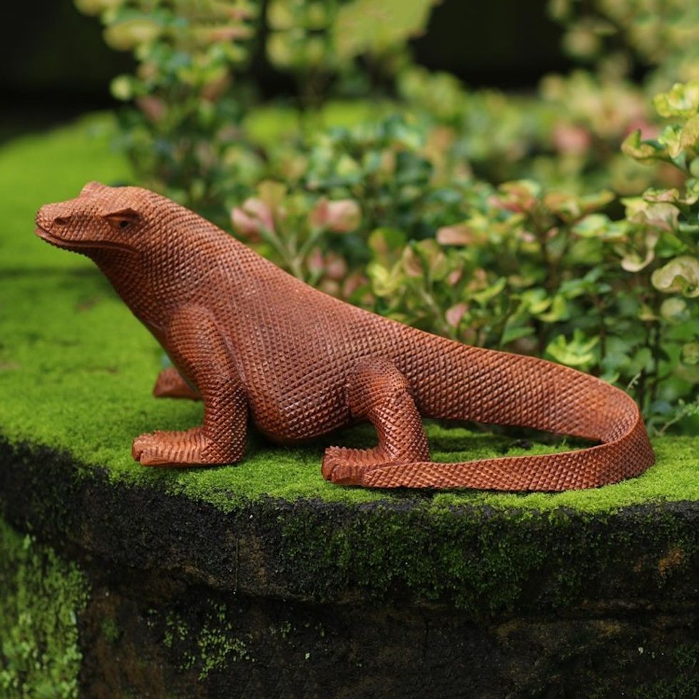 Hand Carved Suar Wood Komodo Dragon Statuette 'Fierce Defender'