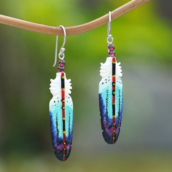Alternate image for Handcrafted Blue Feather Dangle Earrings with Garnet Beads Intuition Feathers