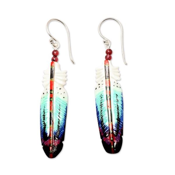 Alternate image for Handcrafted Blue Feather Dangle Earrings with Garnet Beads Intuition Feathers