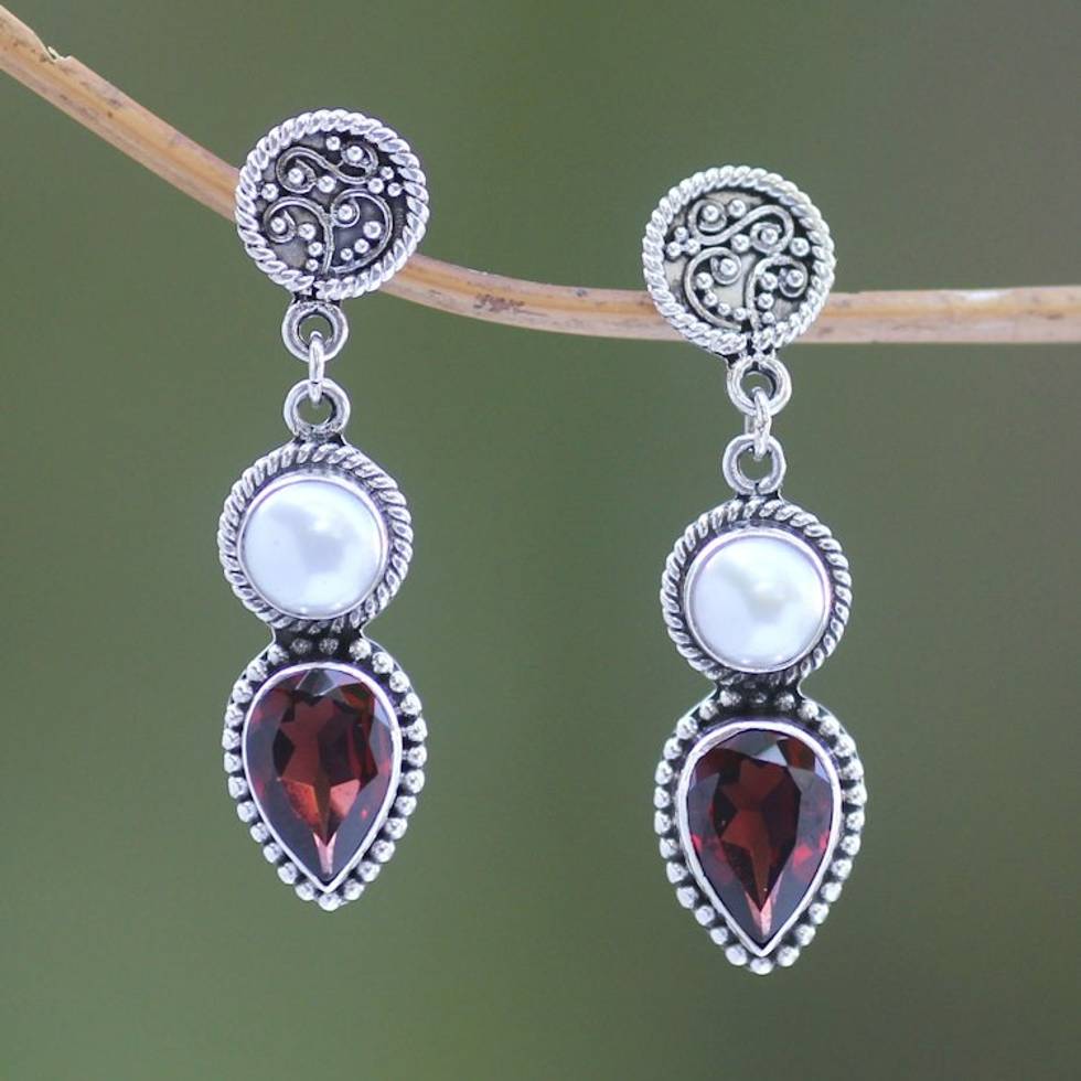 Garnet and Pearl Dangle Earrings 'Bright Moon'