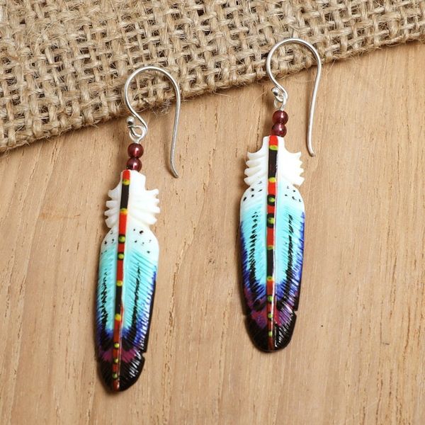 Alternate image for Handcrafted Blue Feather Dangle Earrings with Garnet Beads Intuition Feathers