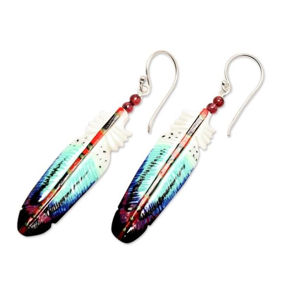 Alternate image for Handcrafted Blue Feather Dangle Earrings with Garnet Beads Intuition Feathers