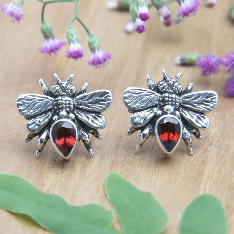 Sterling Silver Bee Button Earrings with Garnet Jewels 'Bee Passionate'