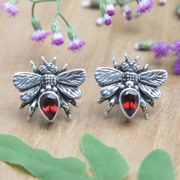 Alternate image for Sterling Silver Bee Button Earrings with Garnet Jewels Bee Passionate