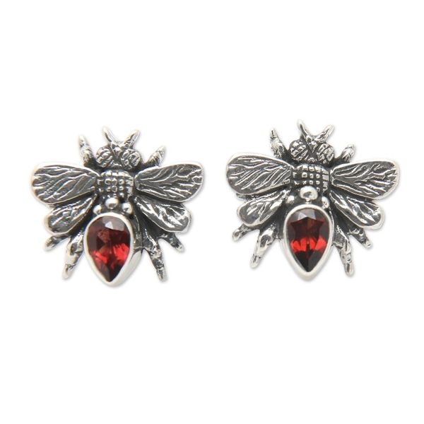 Alternate image for Sterling Silver Bee Button Earrings with Garnet Jewels Bee Passionate