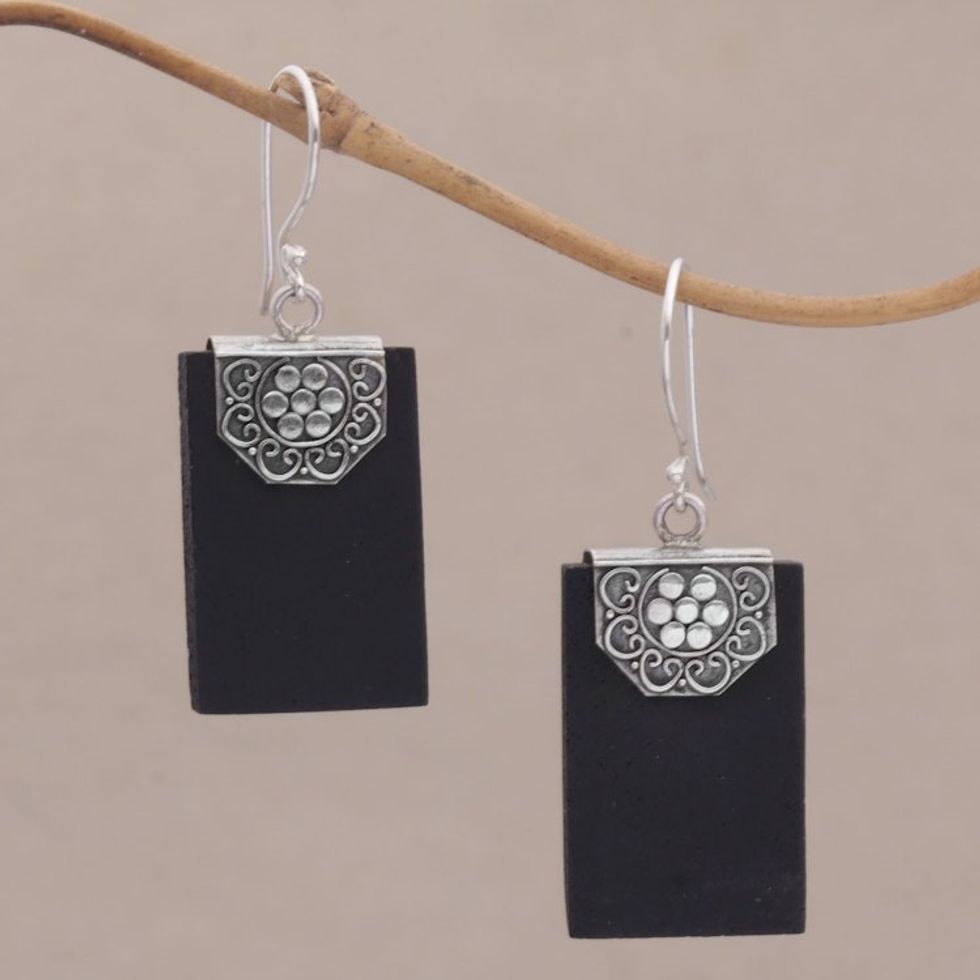 Rectangular Lava Stone and 925 Silver Earrings from Bali 'Bars of Midnight'
