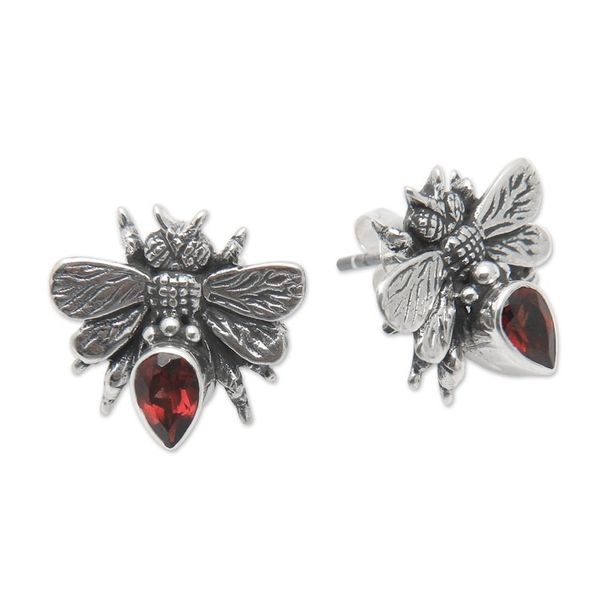 Alternate image for Sterling Silver Bee Button Earrings with Garnet Jewels Bee Passionate