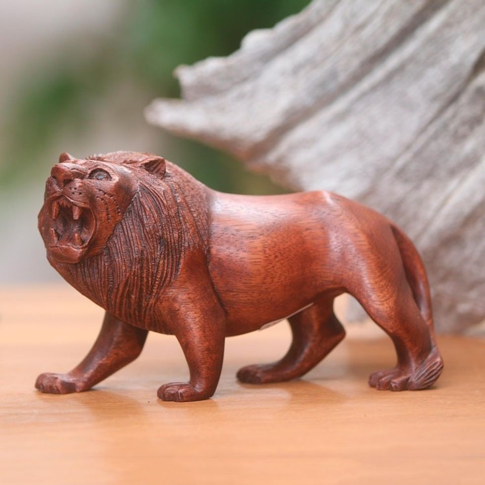 Fair Trade Hand Carved Lion Sculpture 'Menacing Lion'