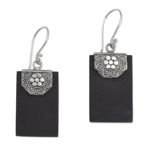 Alternate image for Rectangular Lava Stone and 925 Silver Earrings from Bali Bars of Midnight