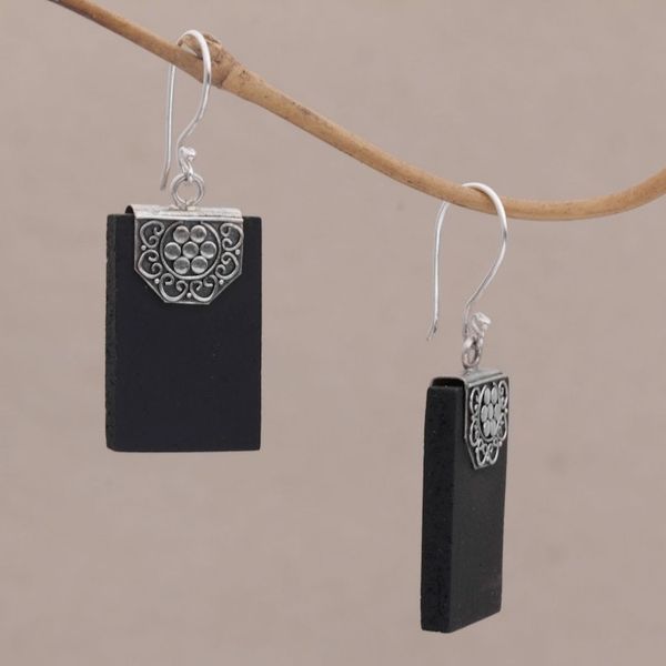 Alternate image for Rectangular Lava Stone and 925 Silver Earrings from Bali Bars of Midnight