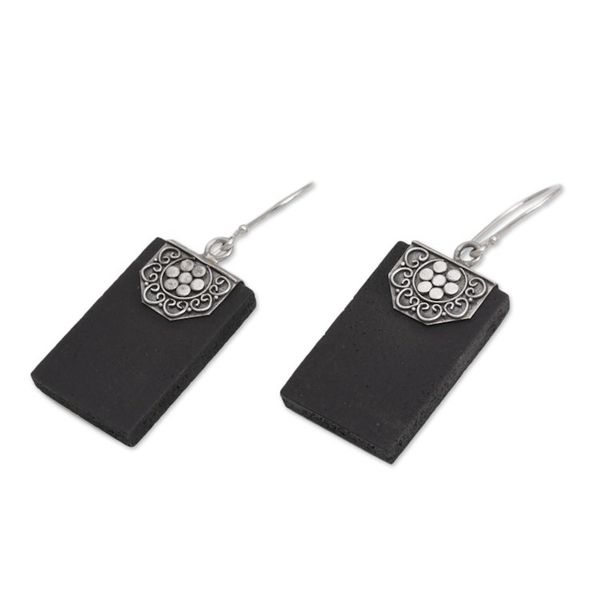 Alternate image for Rectangular Lava Stone and 925 Silver Earrings from Bali Bars of Midnight