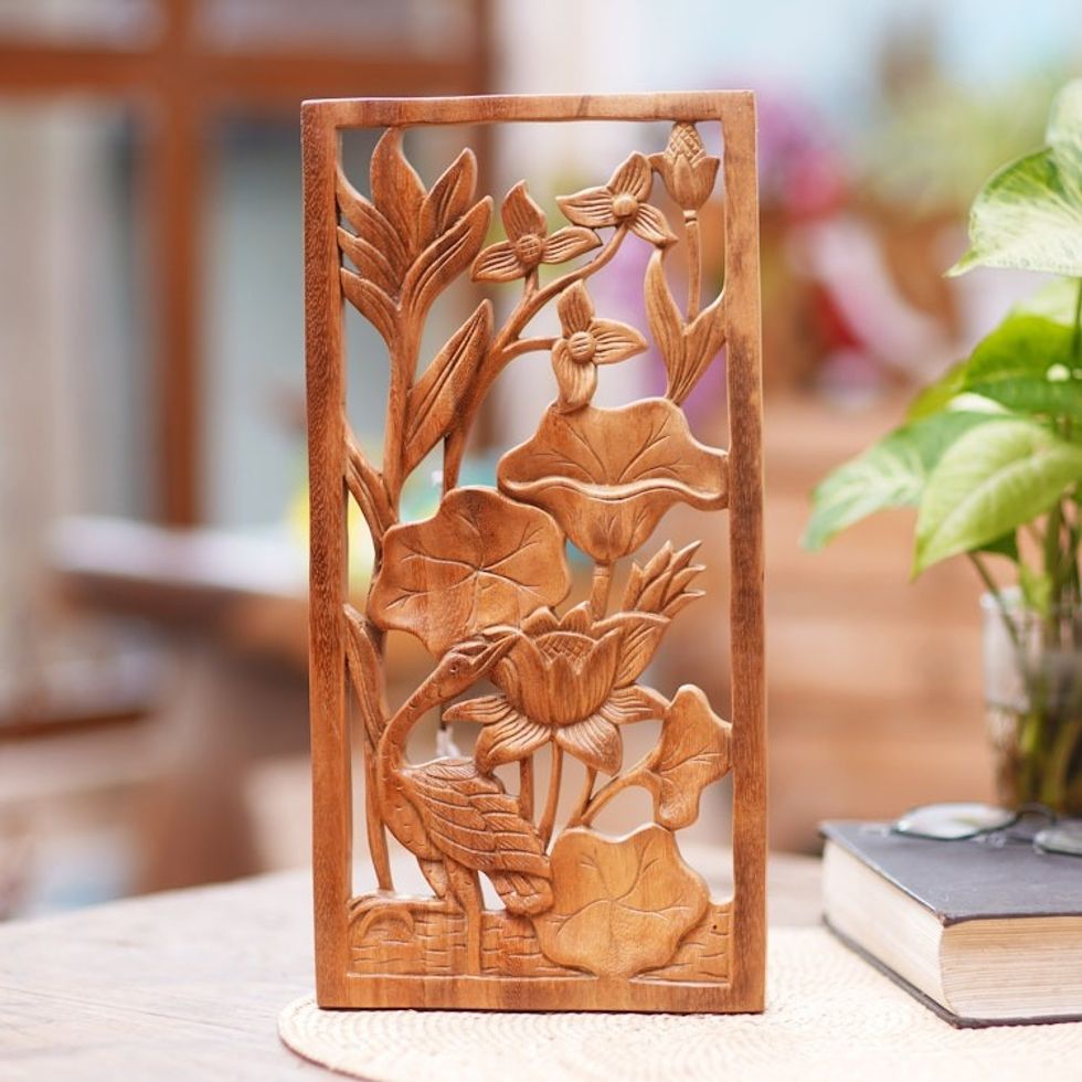 Heron Lilies and Lotus Wall Relief Panel in Hand Carved Wood 'Heron Pond'