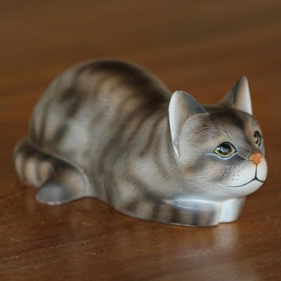 Alternate image for Resting Wood Cat Sculpture in Grey and White from Bali Resting Kitty