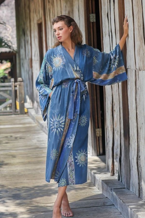 Alternate image for Womens Handcrafted Batik Robe Midnight in Blue