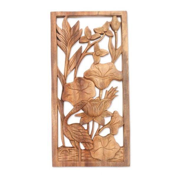 Alternate image for Heron Lilies and Lotus Wall Relief Panel in Hand Carved Wood Heron Pond