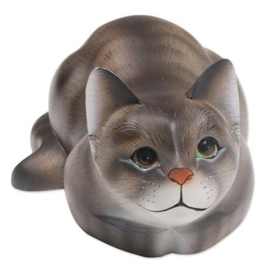 Alternate image for Resting Wood Cat Sculpture in Grey and White from Bali Resting Kitty
