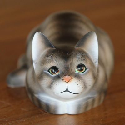Alternate image for Resting Wood Cat Sculpture in Grey and White from Bali Resting Kitty
