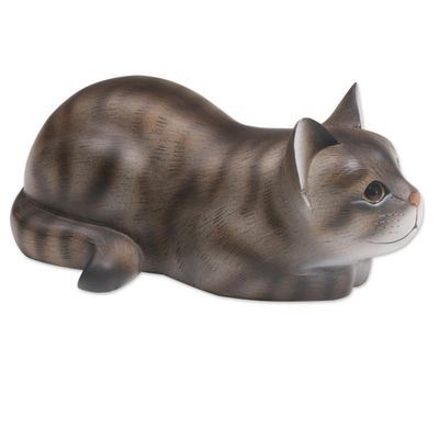 Alternate image for Resting Wood Cat Sculpture in Grey and White from Bali Resting Kitty