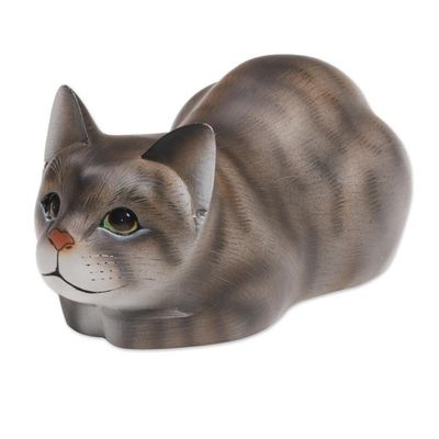 Alternate image for Resting Wood Cat Sculpture in Grey and White from Bali Resting Kitty