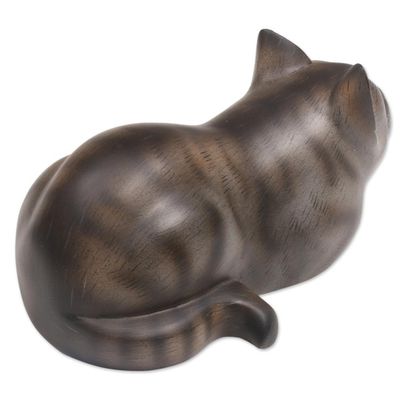 Alternate image for Resting Wood Cat Sculpture in Grey and White from Bali Resting Kitty