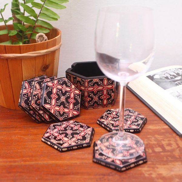 Alternate image for Truntum Motif Batik Wood Coasters from Java Set of 6 Hexagon Batik