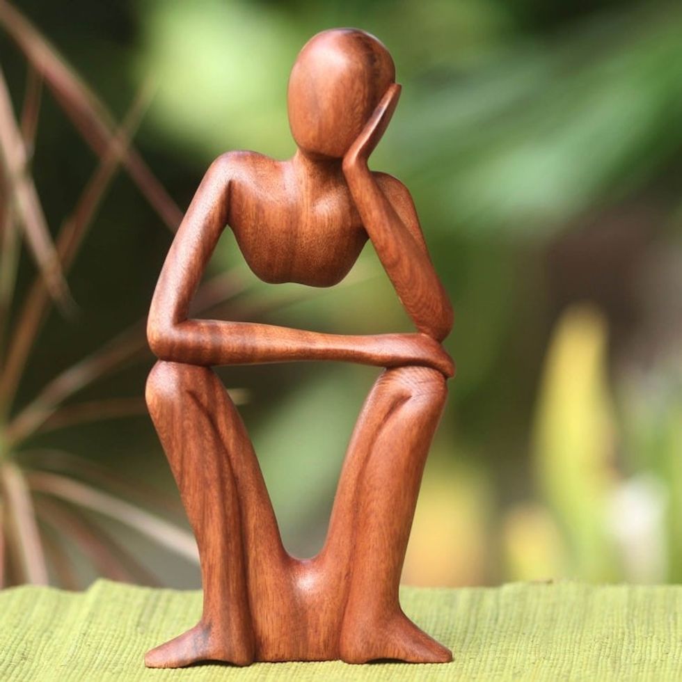 Handcrafted Modern Abstract Balinese Wood Sculpture 'Thinking of You'