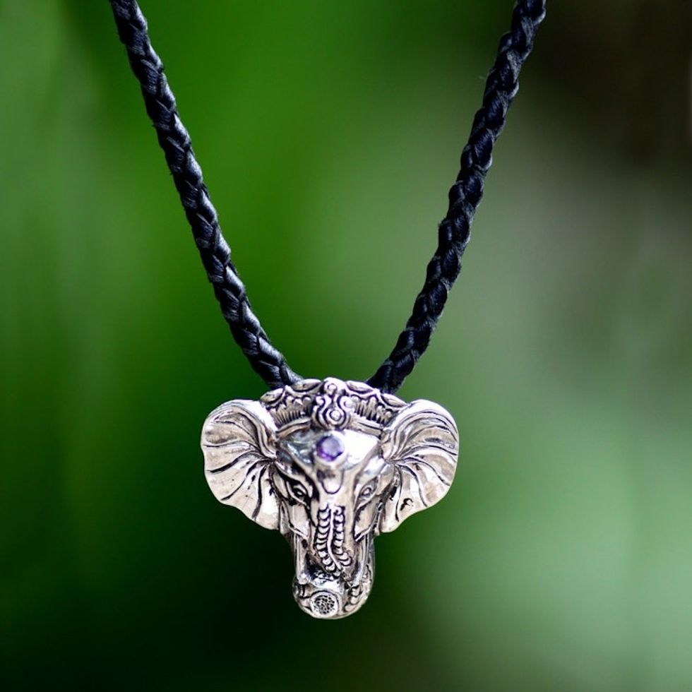 Men's Handmade Sterling Silver and Amethyst Necklace 'Wise Ganesha'