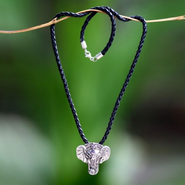 Alternate image for Mens Handmade Sterling Silver and Amethyst Necklace Wise Ganesha