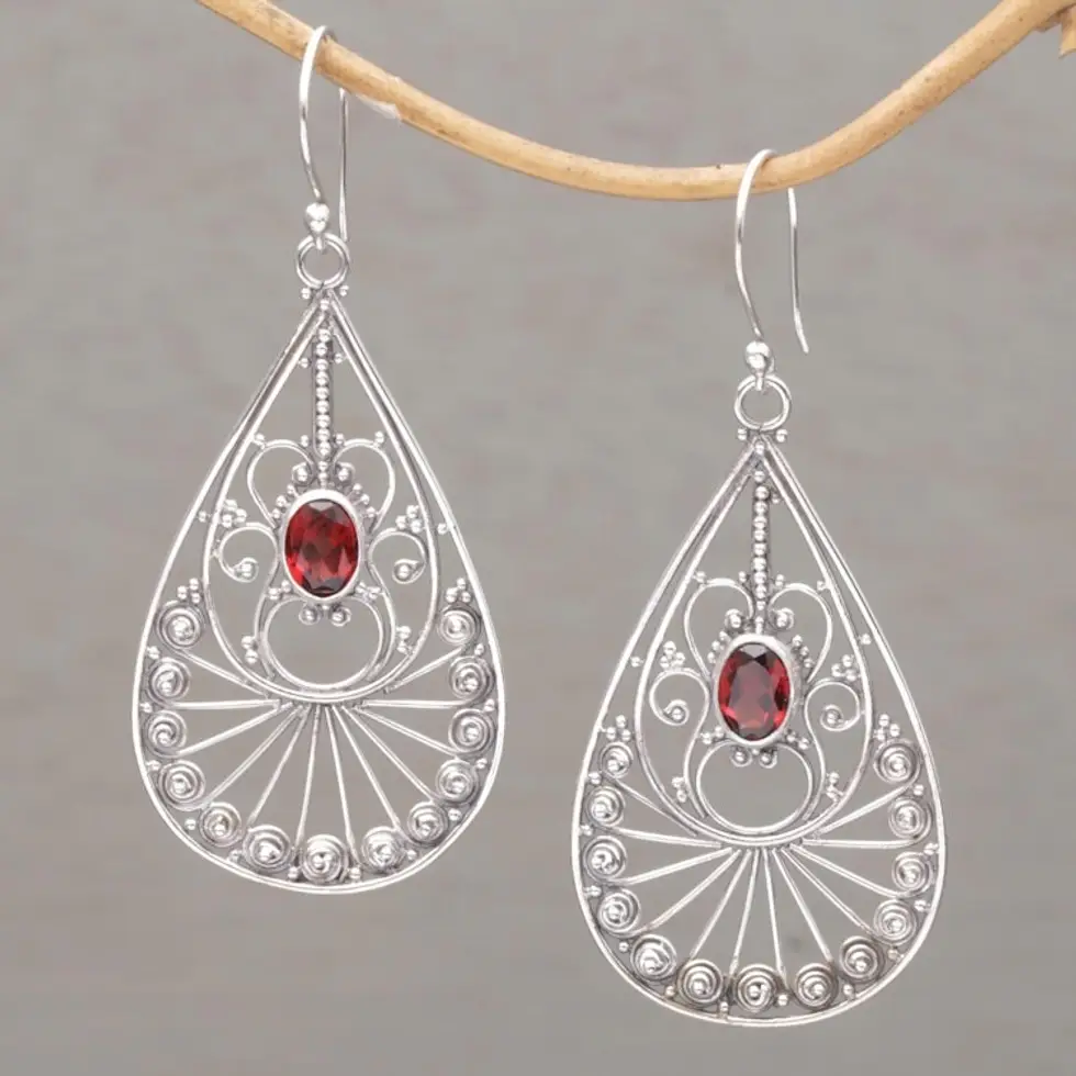 Garnet and Sterling Silver Dangle Earrings from Bali 'Divine Tears'