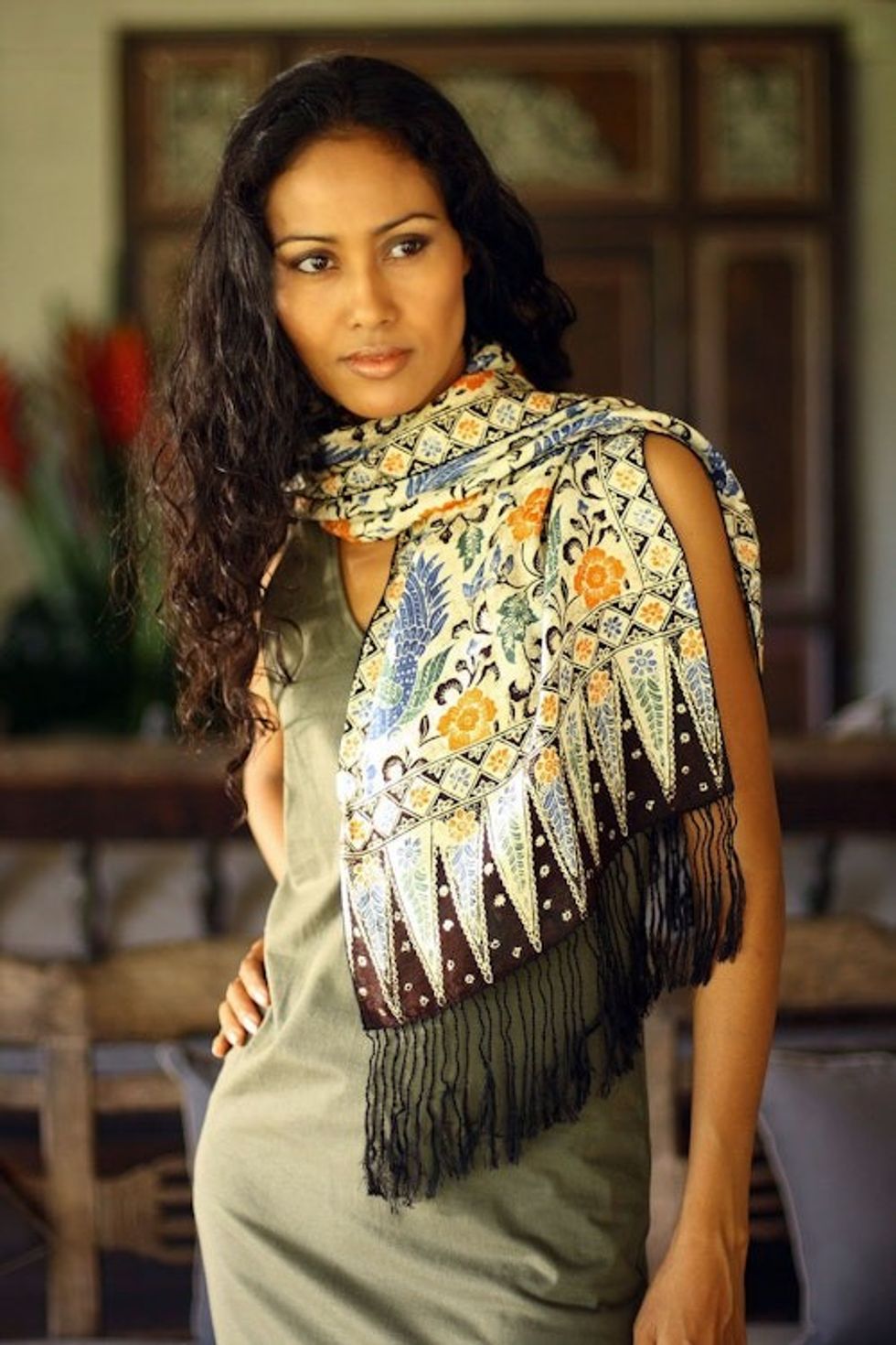 Handmade Floral Silk Scarf 'Brown Paradise'