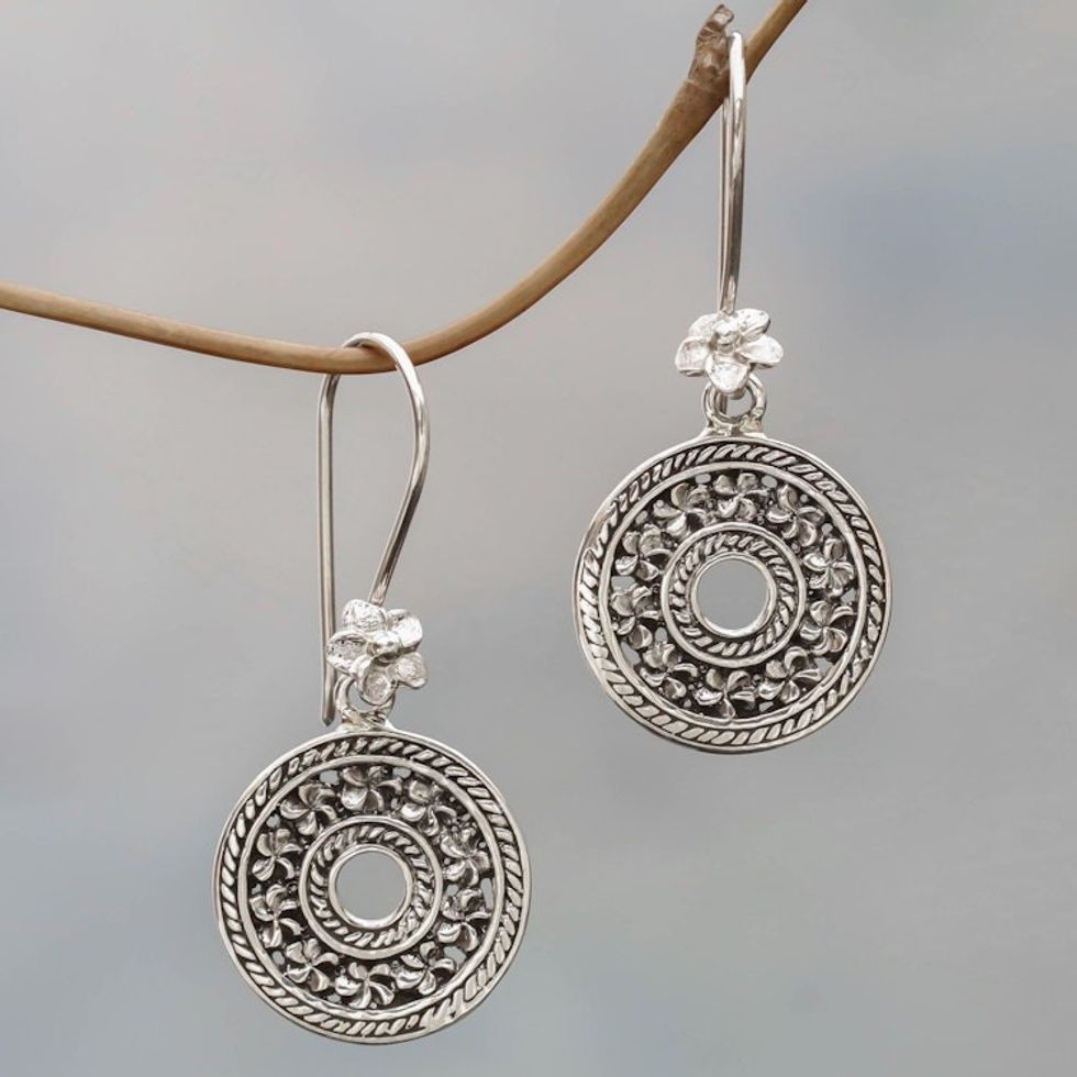 Hand Made Sterling Silver Dangle Earrings Floral Indonesia 'Jepun Coins'