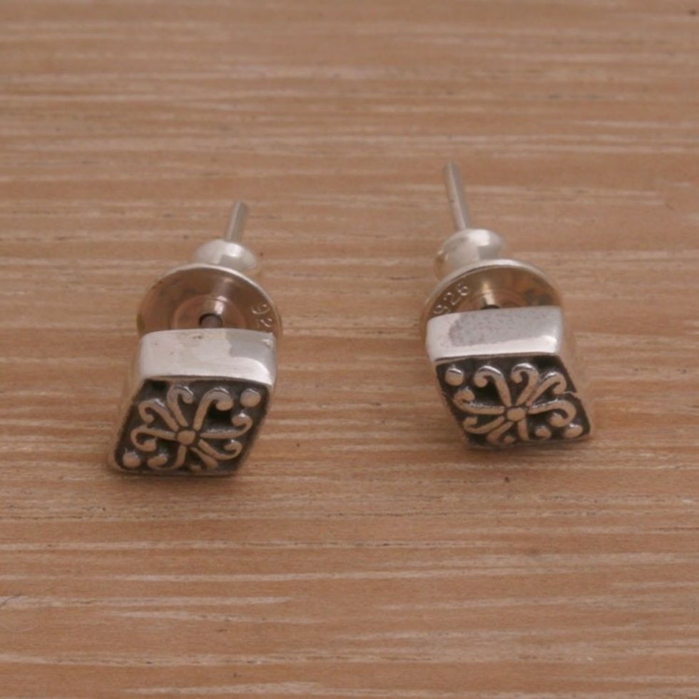 Curl Motif Sterling Silver Stud Earrings from Bali 'Diamond Curls'