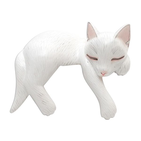 Alternate image for Hand Carved Suar Wood Cat Statuette Lounging Cat in White