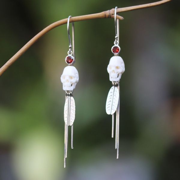 Alternate image for Long Garnet Dangle Earrings with Skull Motif Skull Talisman