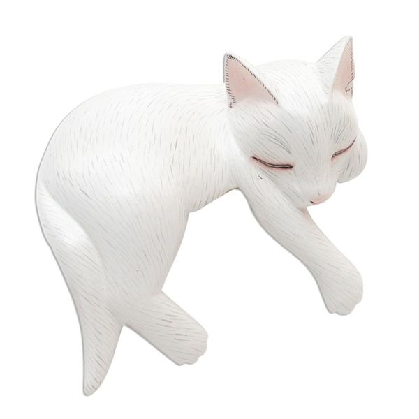Alternate image for Hand Carved Suar Wood Cat Statuette Lounging Cat in White