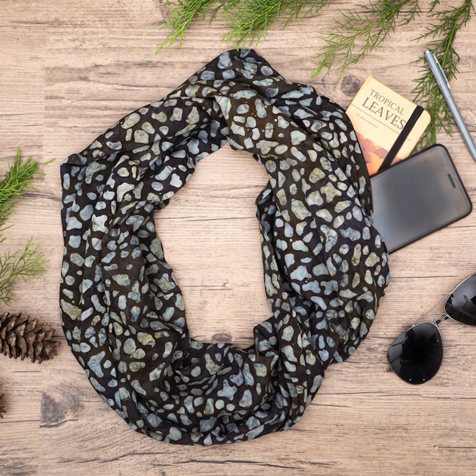Hand-Stamped Rayon Infinity Scarf 'Pebbled Beach'