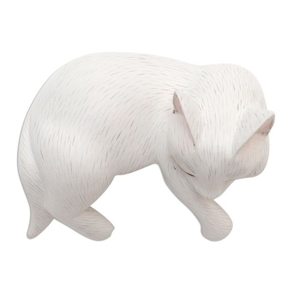 Alternate image for Hand Carved Suar Wood Cat Statuette Lounging Cat in White