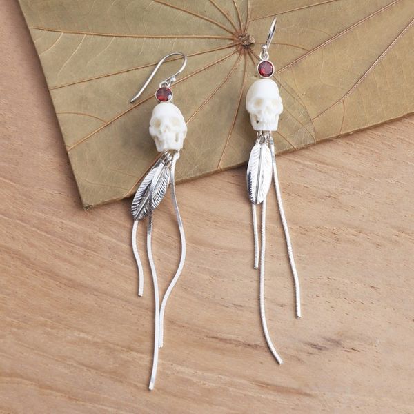 Alternate image for Long Garnet Dangle Earrings with Skull Motif Skull Talisman