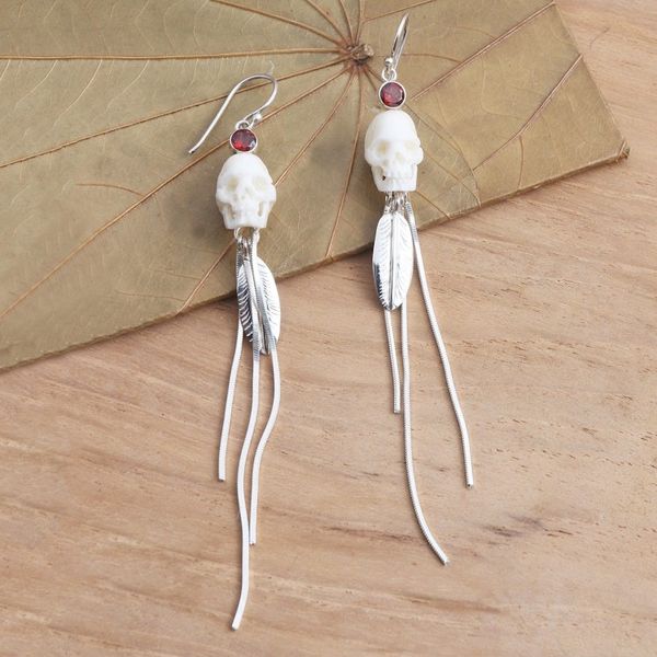 Alternate image for Long Garnet Dangle Earrings with Skull Motif Skull Talisman