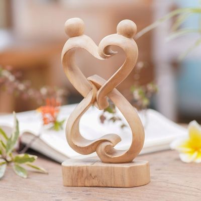 Alternate image for Abstract Crocodile Wood Statuette of Loving Couple from Bali Balanced Hearts