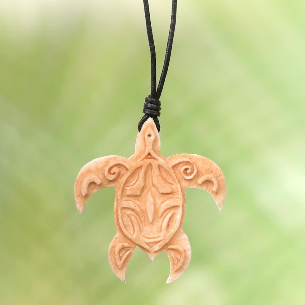 Turtle Bone Pendant Necklace with Leather Cord from Bali 'Gliding Turtle'